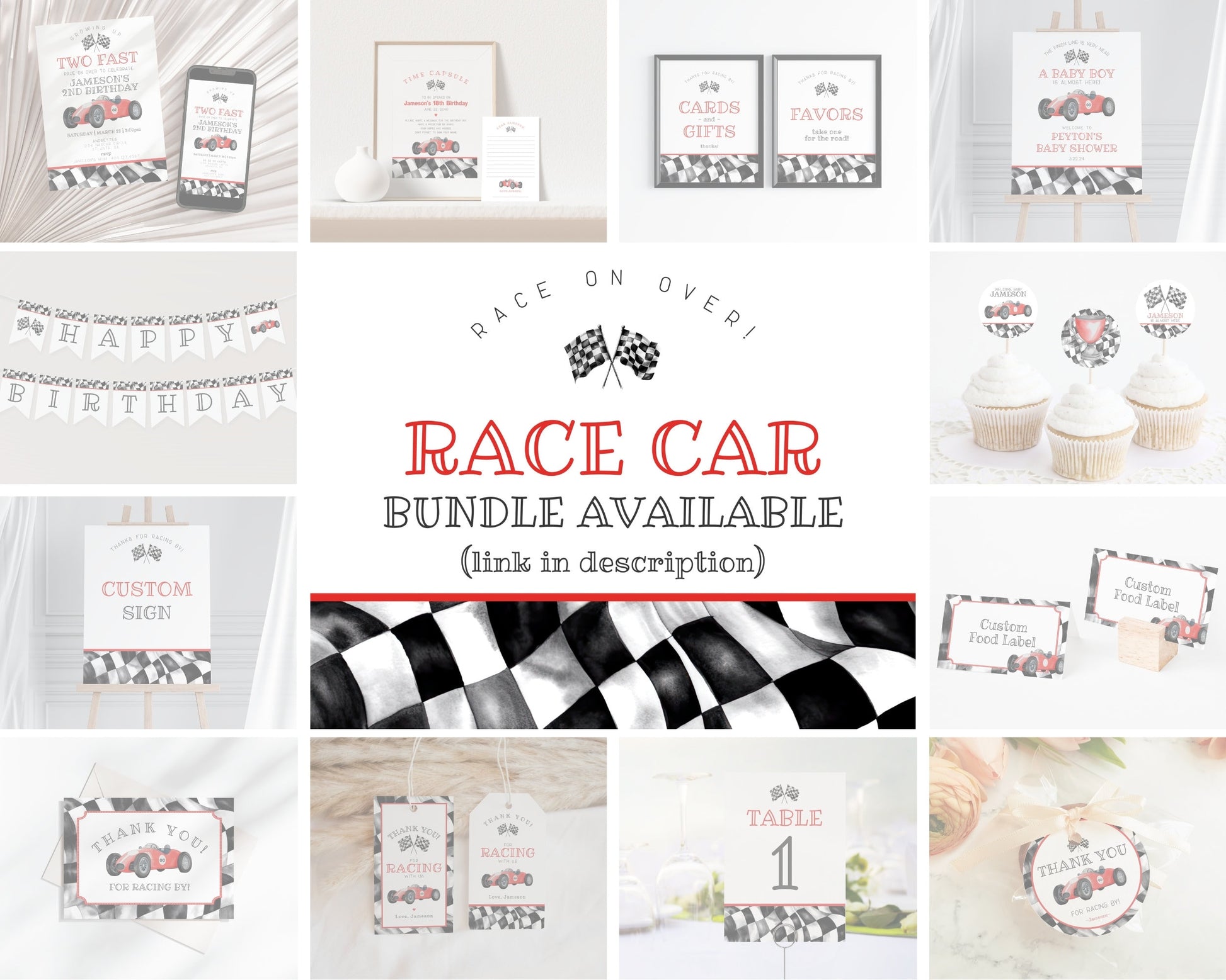 Red Race Car Advice for Baby Cards Printable Template, Little Racer is on the Way Boy Baby Shower with Red Vintage Race Car Theme