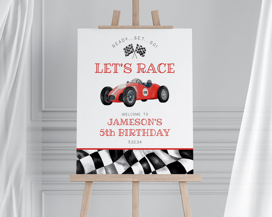 Red Race Car Birthday Welcome Sign Printable Template, instant download race on over birthday party template for boy, let's race