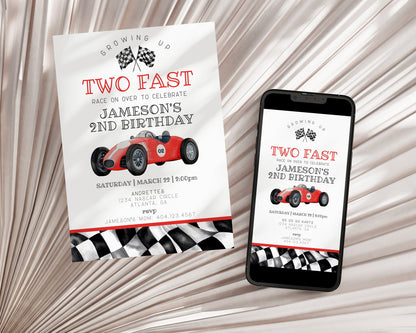 Red Race Car Second Birthday TWO Fast Invitation Template, instant download race on over birthday for boy our little racer is a two fast