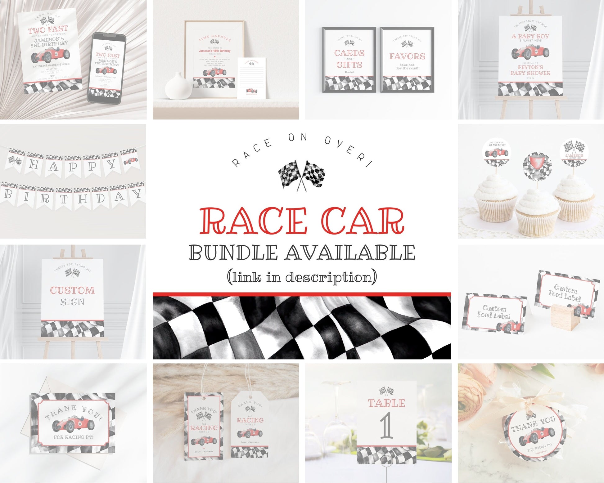 Red Race Car Second Birthday TWO Fast Welcome Sign template, instant download race on over birthday party template for boy, vintage racecar