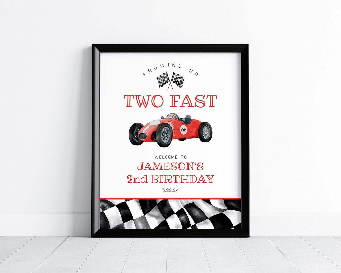 Red Race Car Second Birthday TWO Fast Welcome Sign template, instant download race on over birthday party template for boy, vintage racecar