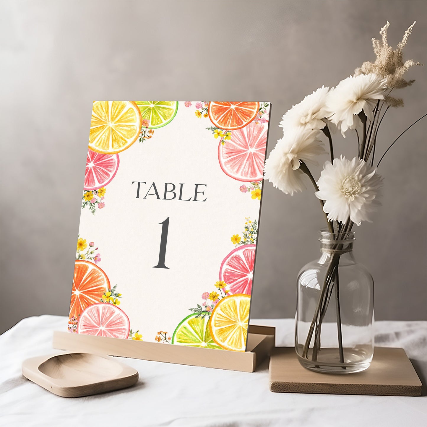 Citrus Floral Table Number Cards Printable Template, Coastal Birthday Decor for Summer Tropical Baby or Bridal Shower, Florida Party Decor