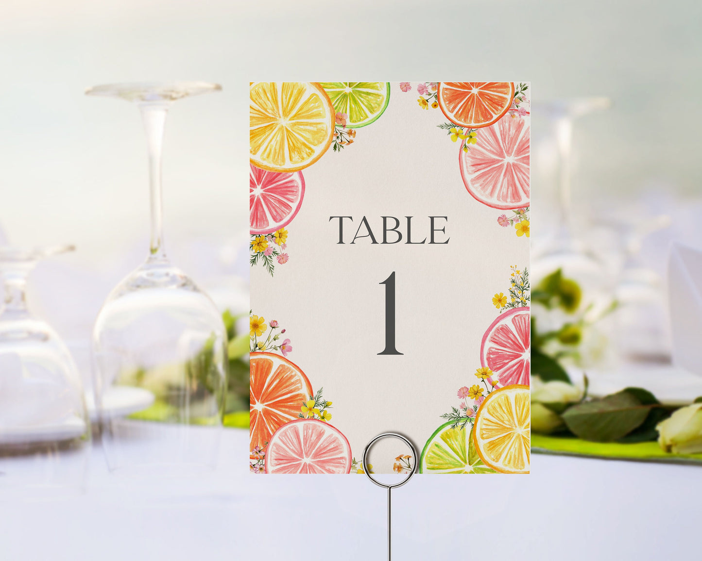 Citrus Floral Table Number Cards Printable Template, Coastal Birthday Decor for Summer Tropical Baby or Bridal Shower, Florida Party Decor