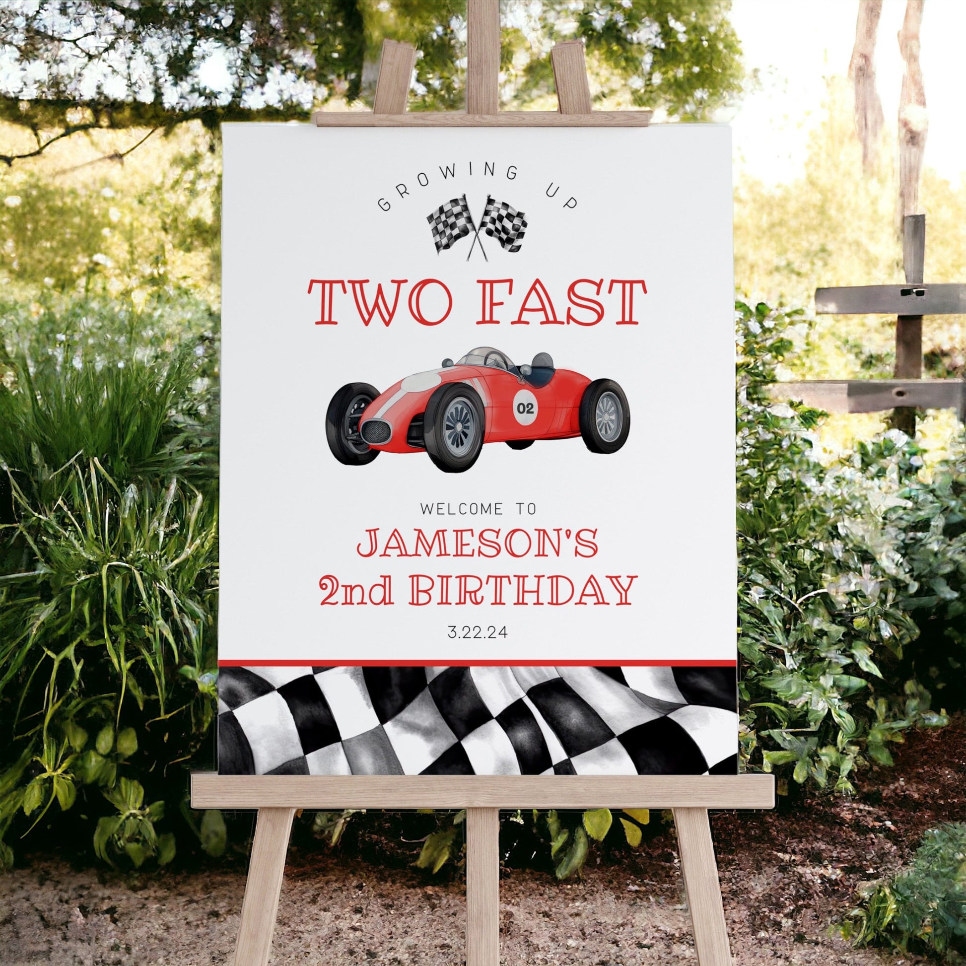 Red Race Car Second Birthday TWO Fast Welcome Sign template, instant download race on over birthday party template for boy, vintage racecar