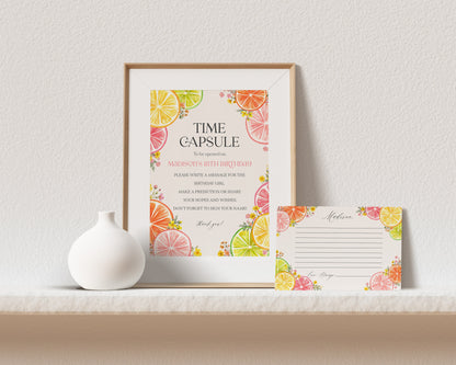 Citrus Floral Time Capsule Printable Template, Little Cutie Coastal Party Decor for Summer Tropical 1st Birthday Party Decor