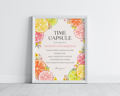 Citrus Floral Time Capsule Printable Template, Little Cutie Coastal Party Decor for Summer Tropical 1st Birthday Party Decor