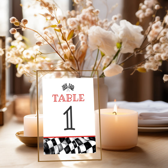 Red Race Car Table Number Printable Template, Little Racer baby shower or birthday party for boy, Race on Over TWO Fast, Fast ONE Birthday