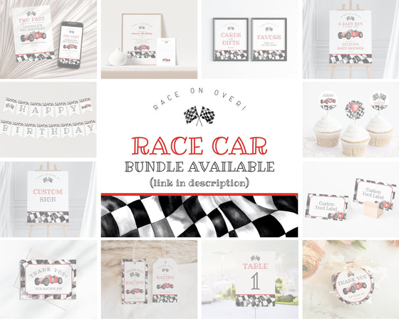 Red Race Car Table Number Printable Template, Little Racer baby shower or birthday party for boy, Race on Over TWO Fast, Fast ONE Birthday