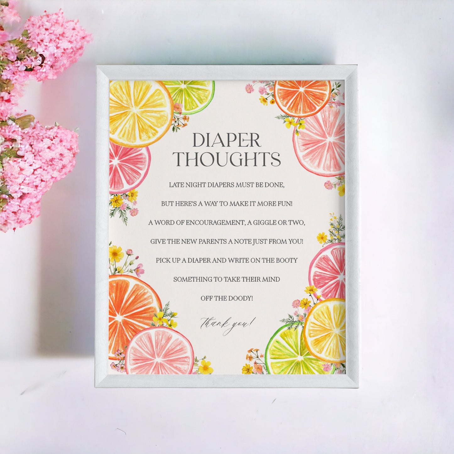 Citrus Floral Baby Shower Diaper Thoughts Sign Printable Template, Little Cutie Baby Sprinkle for Summer Baby Shower, Florida Baby Shower