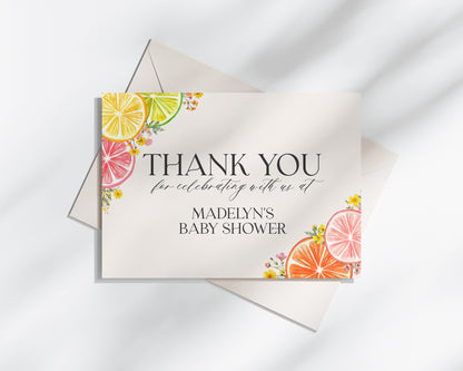 Citrus Floral Thank You Card Printable Template, Coastal Birthday Decor for Summer Tropical Baby Shower or Bridal Shower, Florida Party