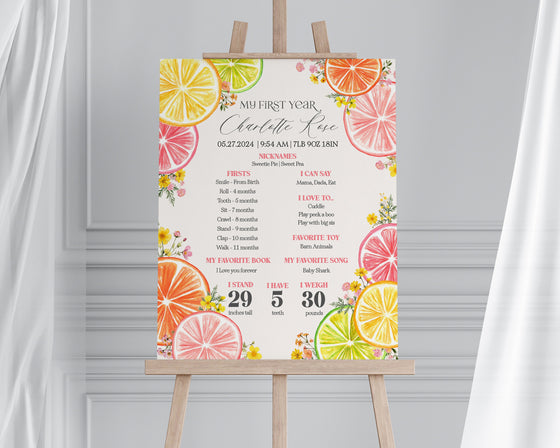 Citrus Floral My First Year Milestone Sign Printable Template, Little Cutie Coastal 1st Birthday Party Decor for Summer Tropical Bday Party