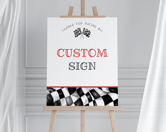 Red Race Car Custom Sign Printable Template, Little Racer baby shower or birthday party for boy, Race on Over TWO Fast, Fast ONE Birthday