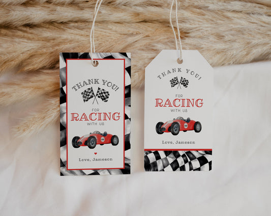 Red Race Car Baby Shower or Birthday Favor Tags Printable Template, Little Racer is Growing Up TWO Fast, Race on Over Baby Shower Theme