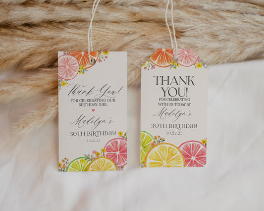 Citrus Floral Birthday Party Favor Tags Printable Template, Little Cutie Coastal Party Decor for Summer Tropical Birthday Party Decor