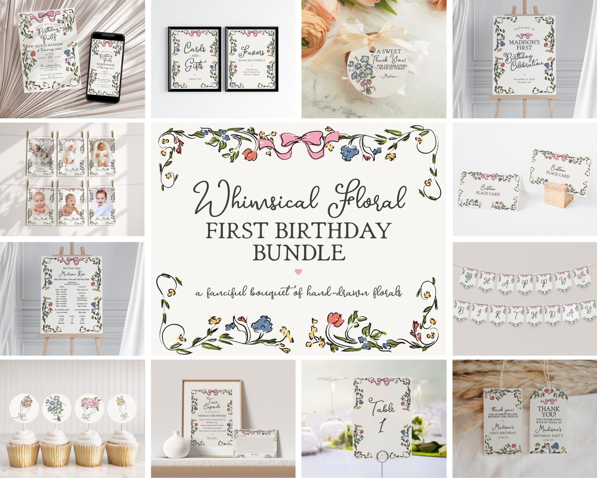 Whimsical Floral First Birthday Bundle Printable Template, Hand Drawn Birthday Party for Girl, Retro French Garden Decor, Illustrated Doodle