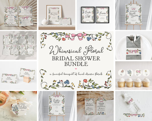 Whimsical Floral Bridal Shower Printable Bundle, Hand Drawn Bridal Brunch, Retro French Garden Party Decor, Illustrated Wildflower Doodle