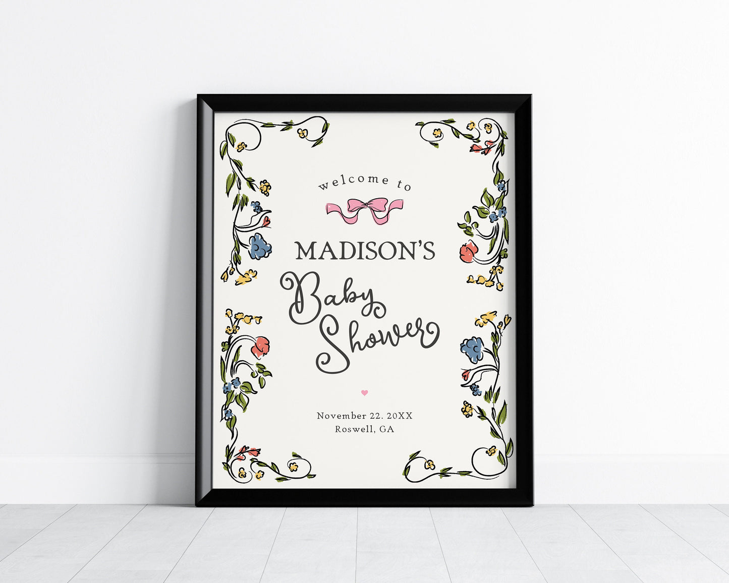 Whimsical Floral Baby Shower Welcome Sign Printable Template, Hand Drawn Baby Sprinkle for Girl, Retro French Garden Party Doodle Decor