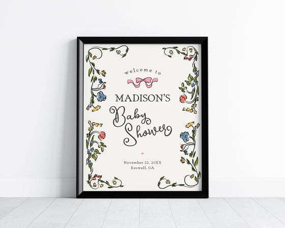 Whimsical Floral Baby Shower Welcome Sign Printable Template, Hand Drawn Baby Sprinkle for Girl, Retro French Garden Party Doodle Decor