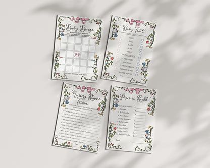 Whimsical Floral Baby Shower Games Set Printable Template, Hand Drawn Baby Sprinkle for Girl, Retro French Garden Party, Illustrated Doodle