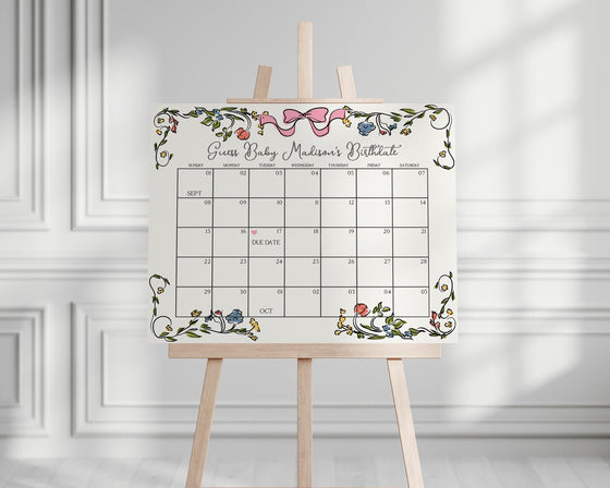 Whimsical Floral Baby Shower Guess the Date Game Template, Hand Drawn Baby Sprinkle for Girl, Retro French Garden Party, Illustrated Doodle