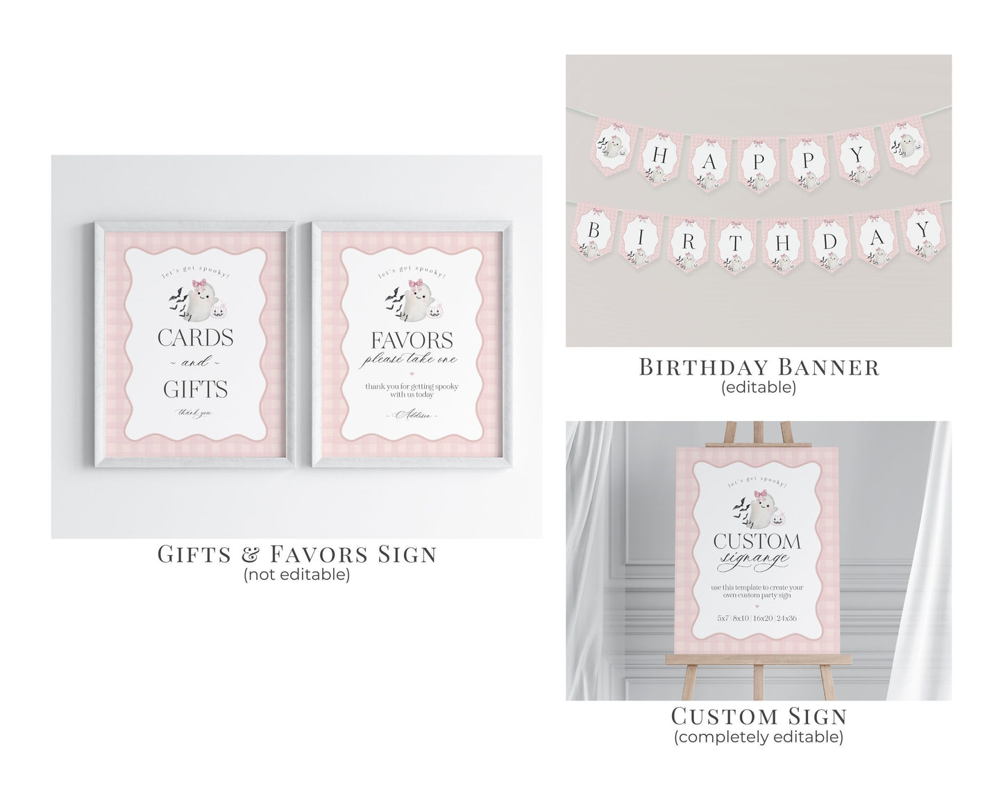 Pink Ghost First Birthday Bundle Template, Preppy Gingham Halloween 1st Birthday Party for Fall October Bday, Cute Ghost Theme Party