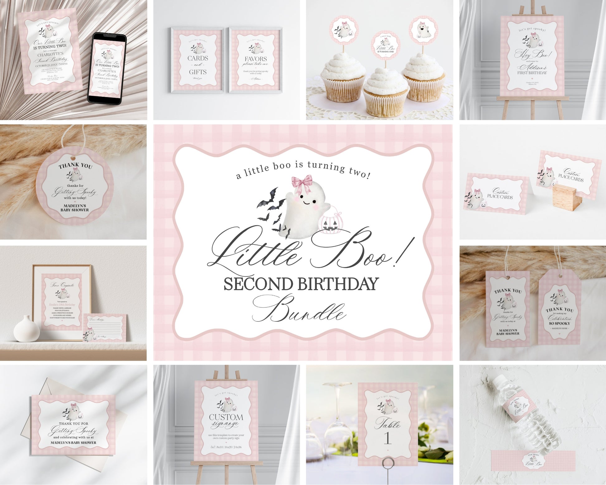 Pink Ghost Second Birthday Bundle Template, Two Spooky Preppy Gingham Halloween 2nd Birthday Party for Fall October Bday, Cute Ghost Theme