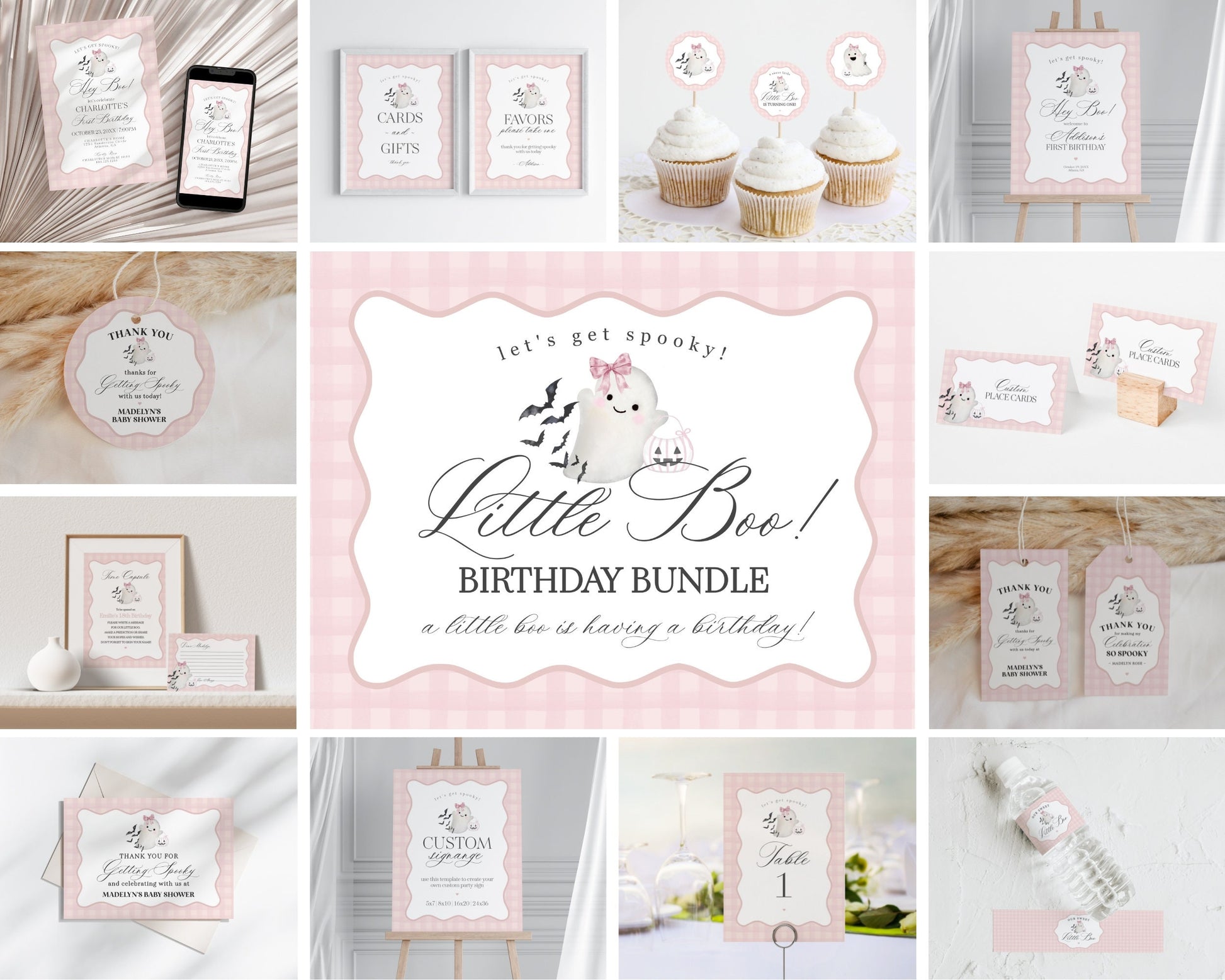 Pink Ghost Birthday Bundle Template, Hey Boo Preppy Gingham Halloween Birthday Party for Fall October Bday, Cute Ghost Theme Party