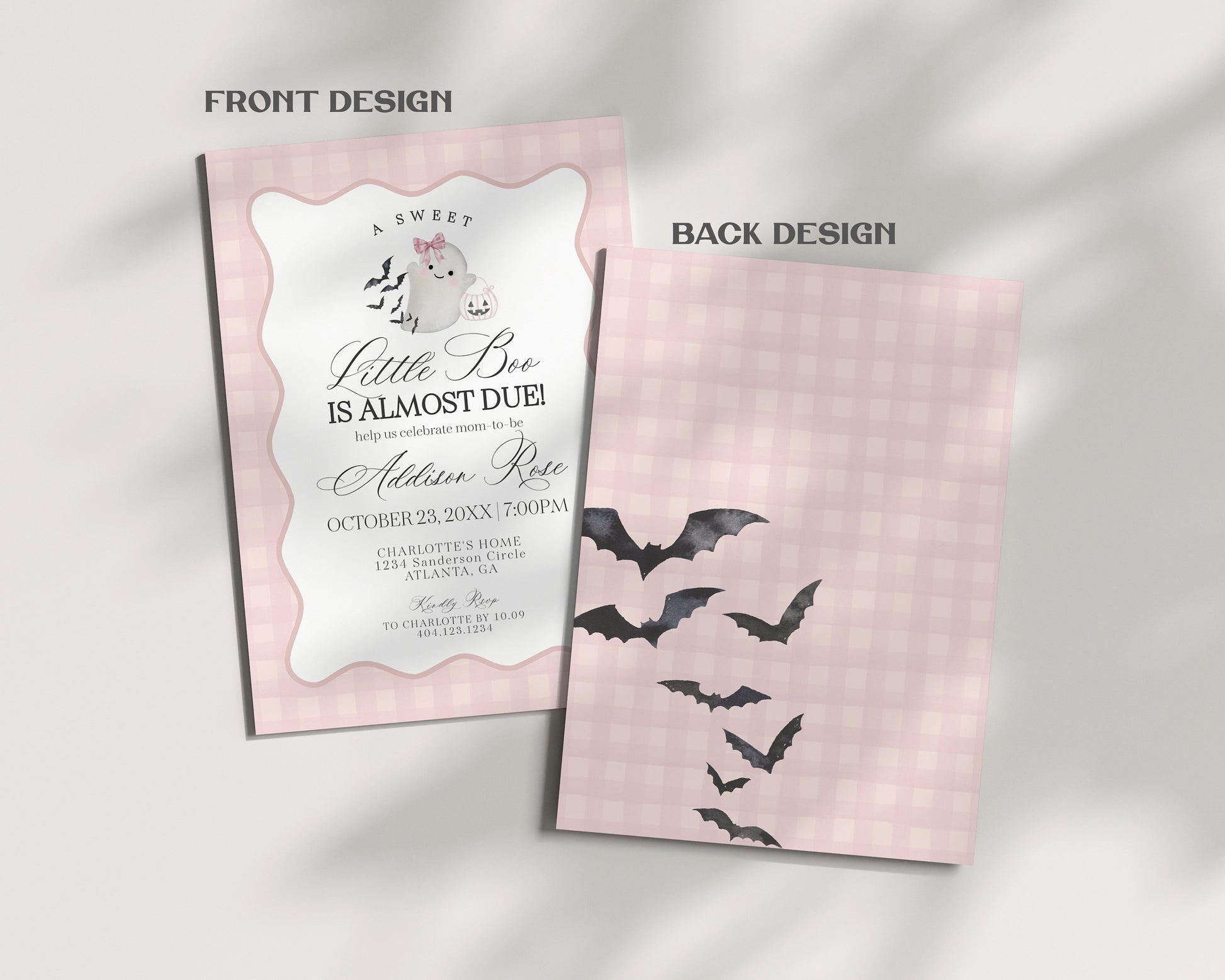 Pink Ghost Baby Shower Invitation Printable Template, Preppy Gingham Halloween Baby Sprinkle for Fall October Baby, Cute Ghost Theme Shower