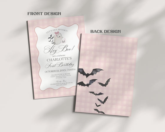 Pink Ghost Second Birthday Invitation Printable Template, Preppy Gingham Halloween 2nd Birthday for Fall October Two Spooky Cute Ghost Theme