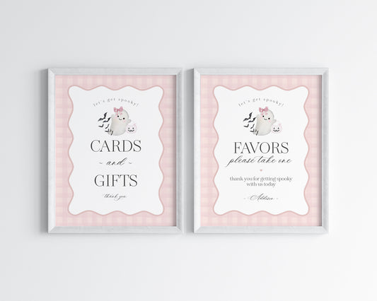 Pink Ghost Cards & Gifts and Favors Sign Printable Template, Preppy Gingham Halloween Birthday Party for Fall October Bday, Cute Ghost Theme