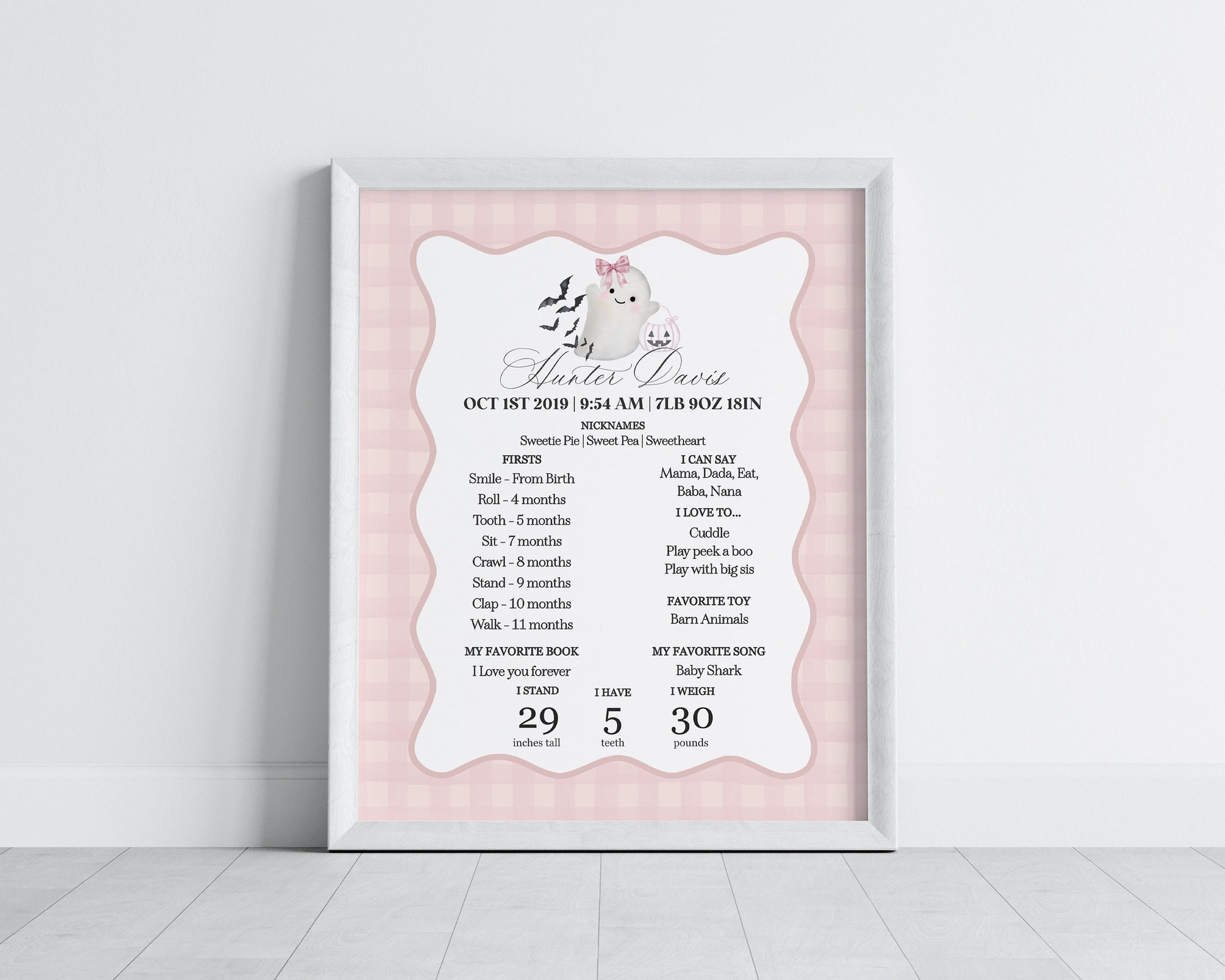 Pink Ghost First Year Milestone Sign Instant Download, Spooky One Preppy Gingham Halloween 1st Birthday for Fall October, Cute Ghost Theme