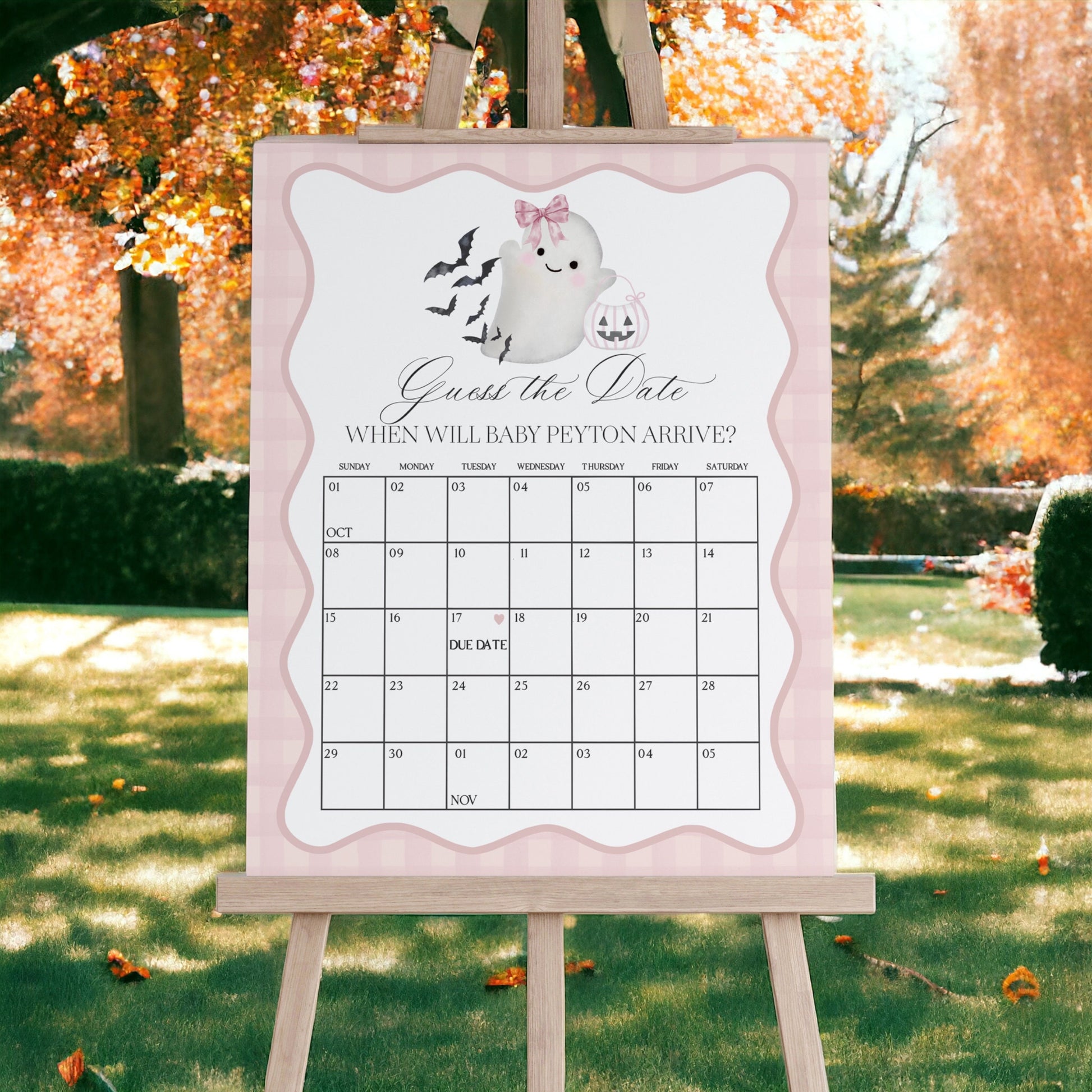 Pink Ghost Baby Shower Guess the Date Game Template, Preppy Gingham Halloween Baby Sprinkle for Fall October Baby, Cute Ghost Theme Shower