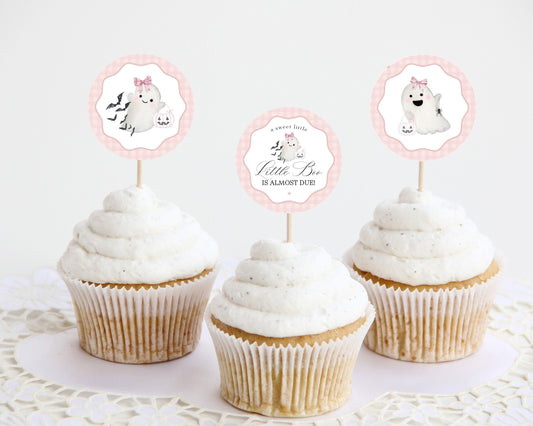 Pink Ghost Baby Shower Cupcake Toppers Printable Template, Preppy Gingham Halloween Baby Sprinkle for Fall October Baby, Cute Ghost Theme