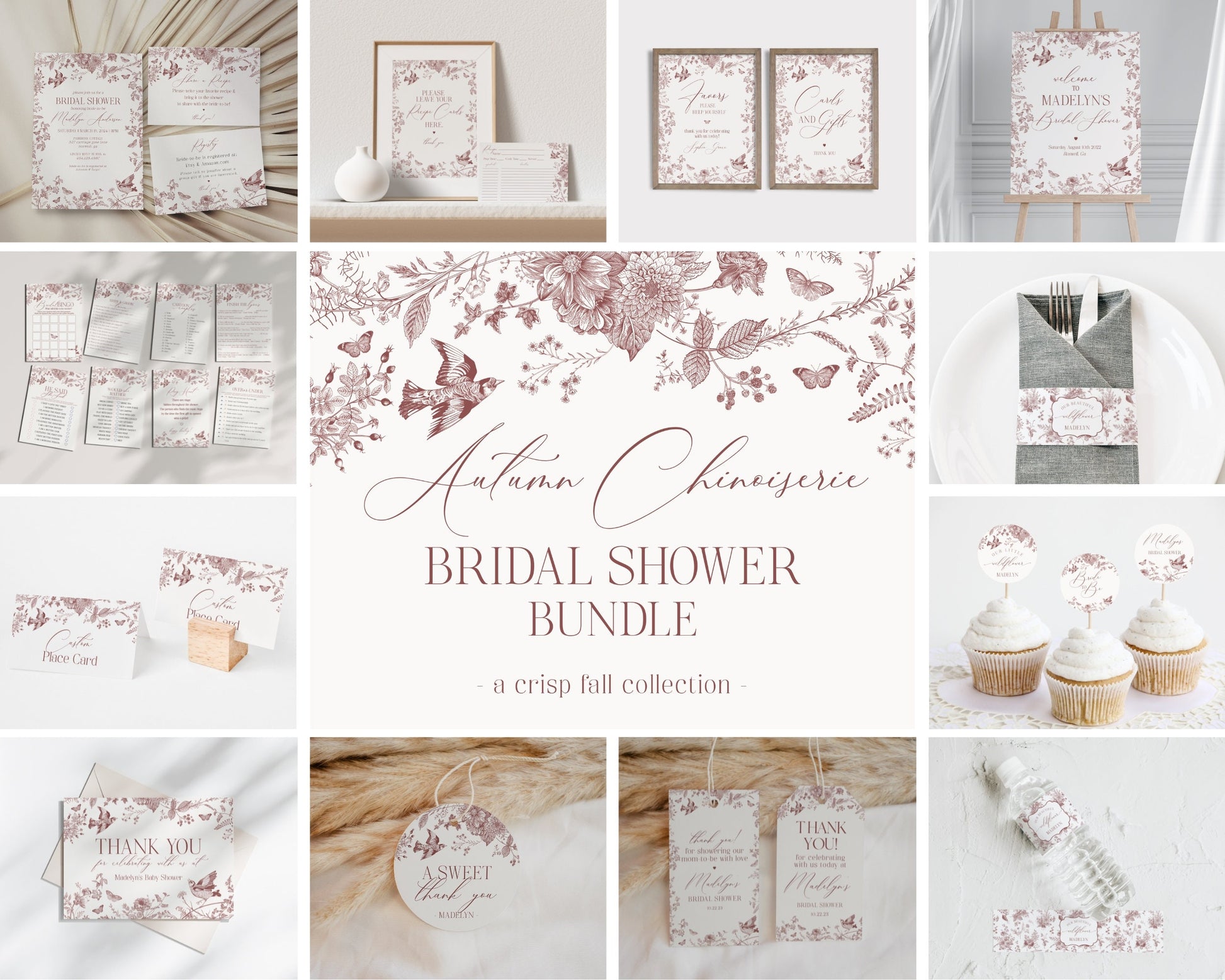 Fall Toile Bridal Shower Bundle Printable Template, Autumn Burgundy Chinoiserie Bridal Shower September October Wedding French Toile De Jouy