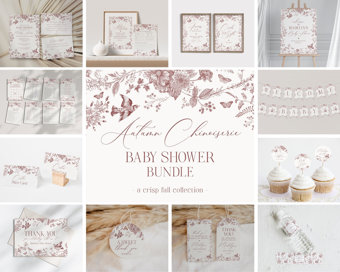 Fall Toile Baby Shower Printable Bundle, Burgundy chinoiserie baby shower decor September October November Autumn French Toile De Jouy