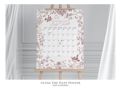 Fall Toile Baby Shower Printable Bundle, Burgundy chinoiserie baby shower decor September October November Autumn French Toile De Jouy