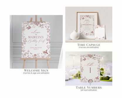 Fall Toile Birthday Bundle Printable Template, Burgundy Chinoiserie Birthday Party for September October Bday Autumn French Toile De Jouy