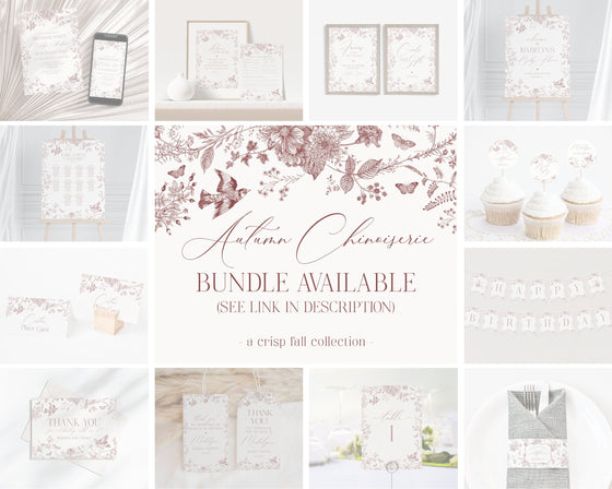 Fall Toile De Jouy Bridal Shower Welcome Sign Printable Template, Burgundy Chinoiserie Bridal Shower for September October Wedding French