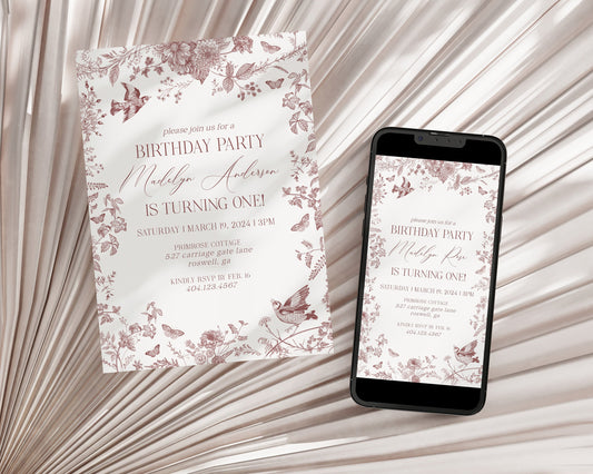 Fall Toile De Jouy Birthday Invitation Printable Template, Burgundy Chinoiserie Autumn Birthday Party for September October Bday French