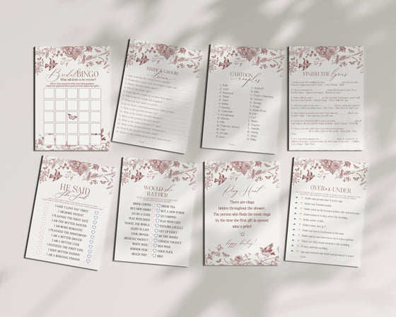 Fall Toile Bridal Shower Games Set Printable Template, Burgundy Chinoiserie Bridal Shower for September October Wedding French Toile De Jouy