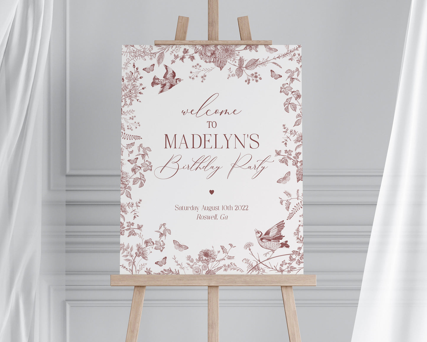 Fall Toile De Jouy Birthday Party Welcome Sign Printable Template, Burgundy Chinoiserie Birthday Party for September October Autumn Bday