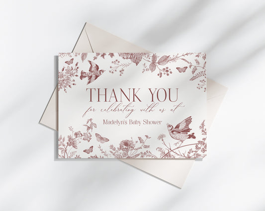 Fall Toile De Jouy Thank You Card Printable Template, Burgundy Chinoiserie Bridal Shower or Baby Shower for September October Wedding French