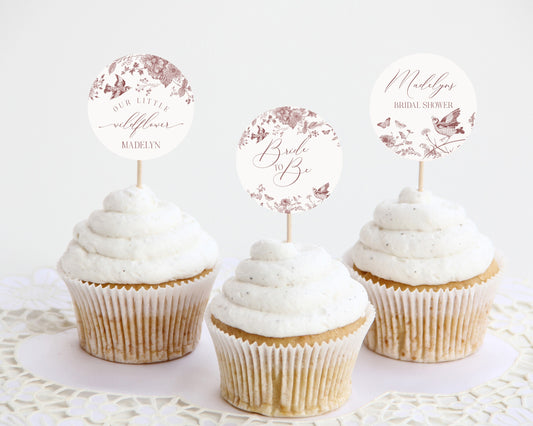 Fall Toile De JouyBridal Shower Cupcake Toppers Printable Template, Burgundy Chinoiserie Bridal Shower for September October Wedding French