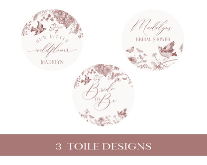 Fall Toile De JouyBridal Shower Cupcake Toppers Printable Template, Burgundy Chinoiserie Bridal Shower for September October Wedding French