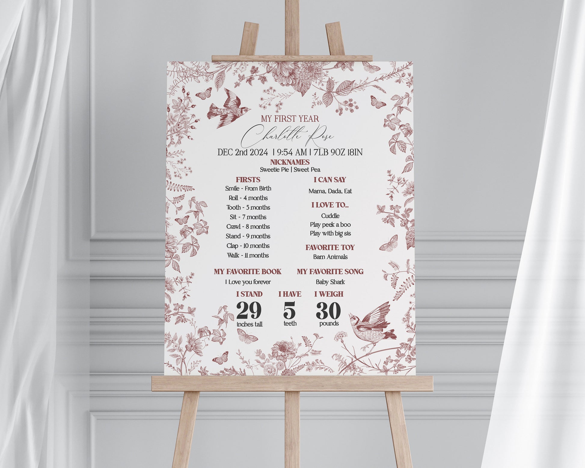 Fall Toile First Year Milestone Sign Template, Burgundy Chinoiserie 1st Birthday Party for September October Bday French Toile De Jouy