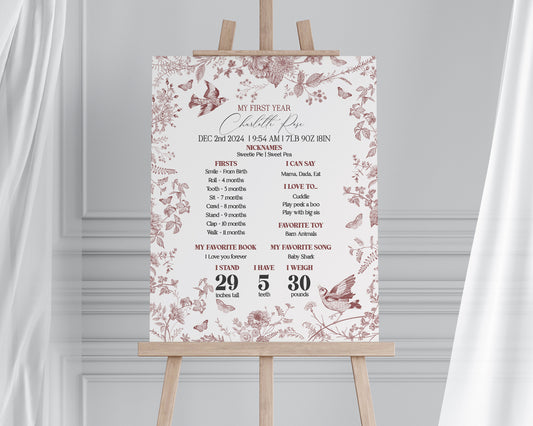 Fall Toile First Year Milestone Sign Template, Burgundy Chinoiserie 1st Birthday Party for September October Bday French Toile De Jouy