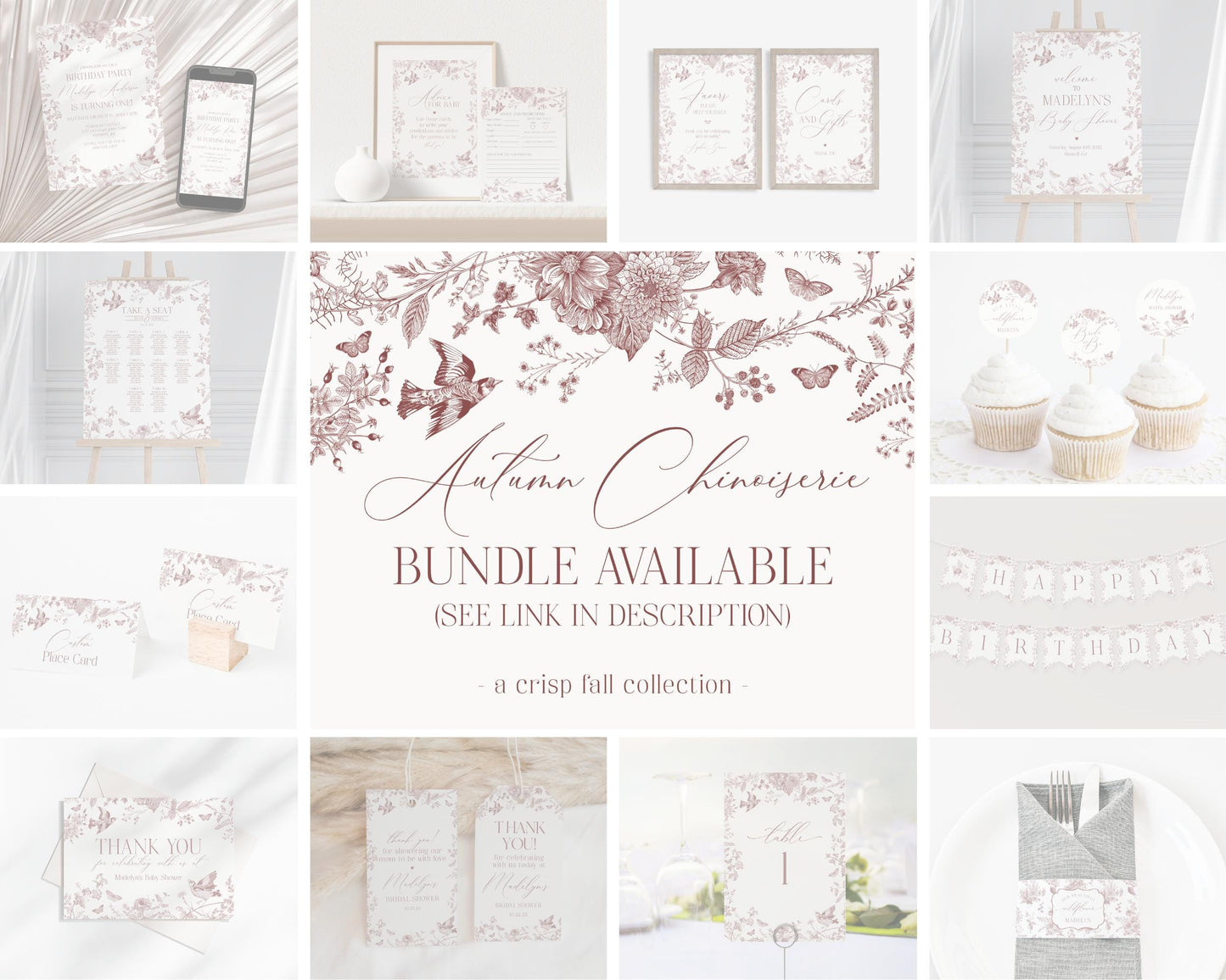 Fall Toile Time Capsule Printable Template, Burgundy Chinoiserie Birthday Party for September October Bday Autumn French Toile De Jouy