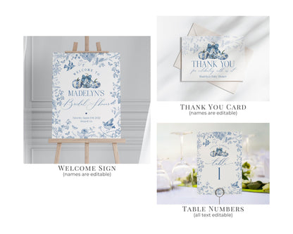 Blue Toile De Jouy Pumpkin Bridal Shower Printable Bundle, Blue Fall Chinoiserie Decor for October French Bridal Brunch Autumn Wedding Decor