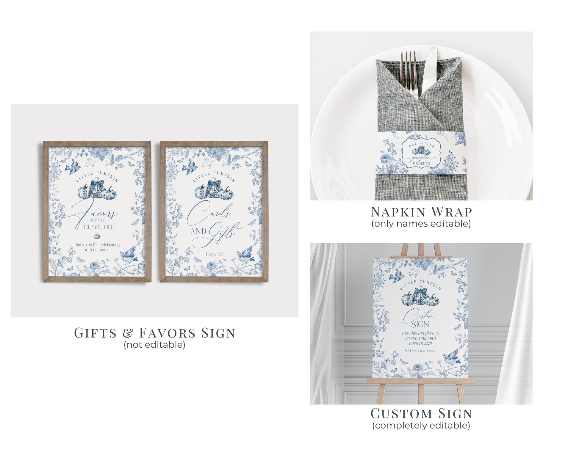 Blue Toile De Jouy Pumpkin Bridal Shower Printable Bundle, Blue Fall Chinoiserie Decor for October French Bridal Brunch Autumn Wedding Decor