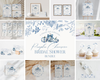 Blue Toile De Jouy Pumpkin Bridal Shower Printable Bundle, Blue Fall Chinoiserie Decor for October French Bridal Brunch Autumn Wedding Decor